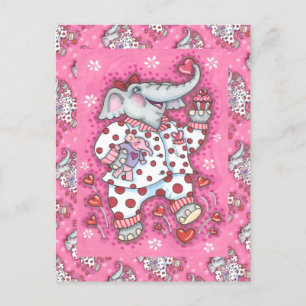 CHEERFUL PACHYDERM IN PINK PAJAMAS, HEART CUPCAKE HOLIDAY POSTCARD