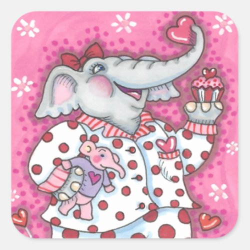 CHEERFUL PACHYDERM IN PINK PAJAMAS HEART CUPCAKE SQUARE STICKER