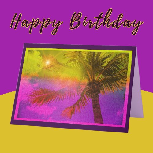 Cheerful Palm Tree and Sunshine Purple Birthday Card