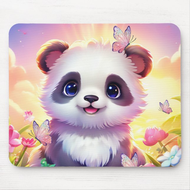 Cheerful Panada, Rainbows, Butterflies and Flowers Mouse Pad (Front)