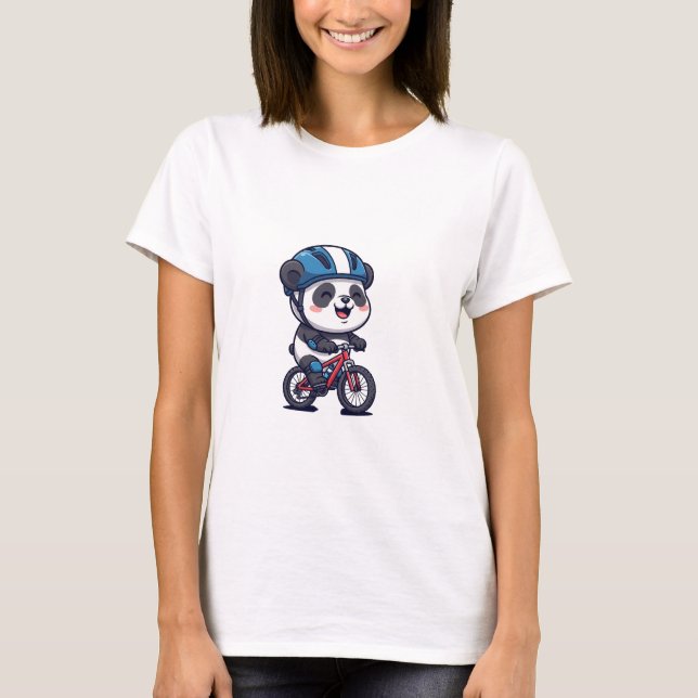 Cheerful Panda Cyclist Riding a Red Mountain Bike T-Shirt (Front)