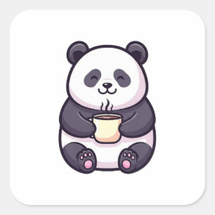 Cheerful Panda with Tea – Cute Whimsical Illustrat Square Sticker