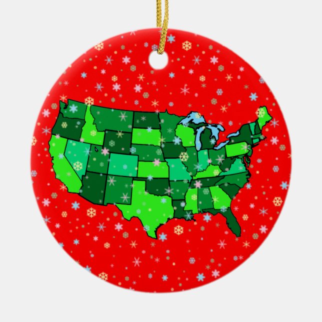 Cheerful Pastel Snowflakes and United States Map Ceramic Ornament (Front)