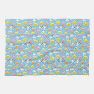 Cheerful Pattern with Smiling Clouds and Rainbow Kitchen Towel