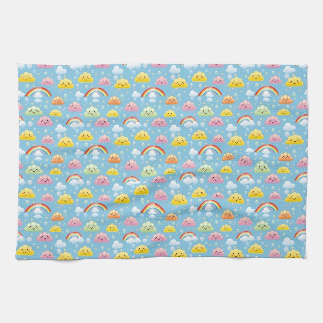 Cheerful Pattern with Smiling Clouds and Rainbow Kitchen Towel (Horizontal)