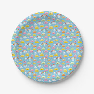 Cheerful Pattern with Smiling Clouds and Rainbow Paper Plates