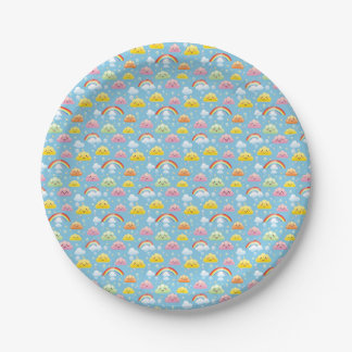 Cheerful Pattern with Smiling Clouds and Rainbow Paper Plates