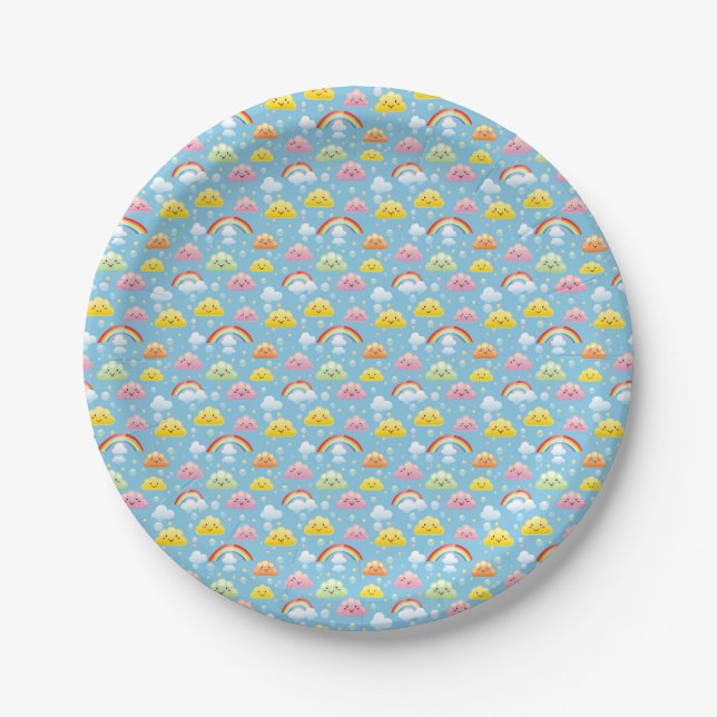 Cheerful Pattern with Smiling Clouds and Rainbow Paper Plates (Front)