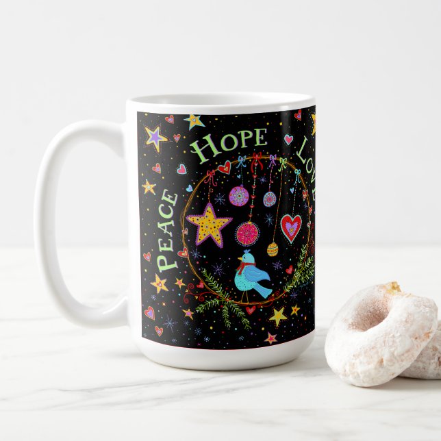 Cheerful PEACE, HOPE, LOVE Coffee Mug (With Donut)