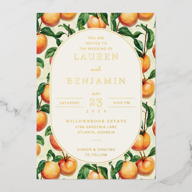 Cheerful Peach Botanical Illustration Foil Invitation (Front)