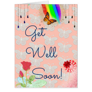 Cheerful peach butterfly glitter rose GET WELL Card