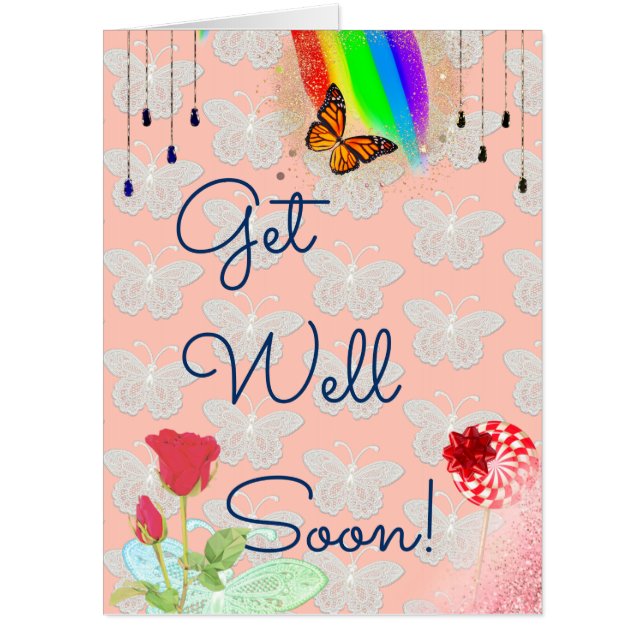 Cheerful peach butterfly glitter rose GET WELL Card (Front)