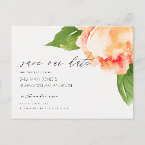 CHEERFUL PEACH WATERCOLOR FLORAL SAVE THE DATE ANNOUNCEMENT POSTCARD