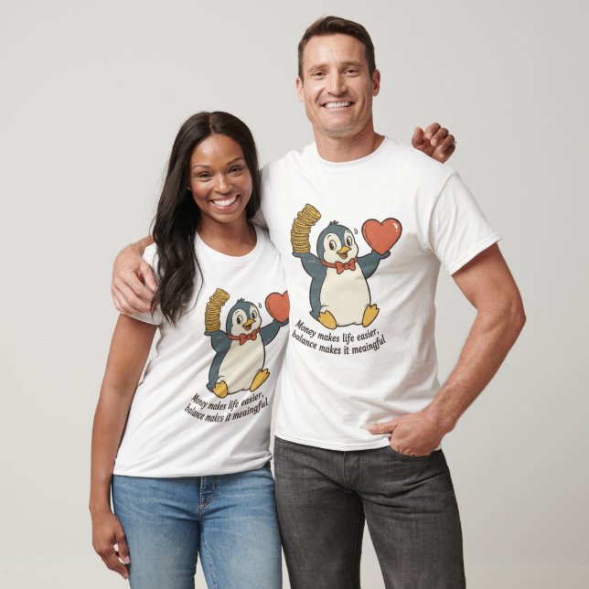 Cheerful Penguin Balancing Money and Love Quote T-Shirt (Unisex)