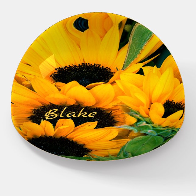 Cheerful Personalized Golden Sunflowers Name Paperweight (Angled)