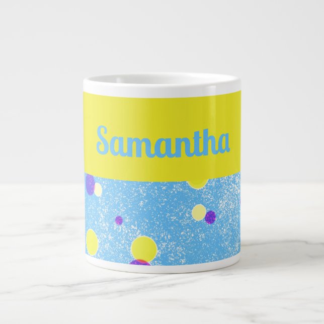 Cheerful Personalized Polka Dots on Blue Jumbo Giant Coffee Mug (Front)