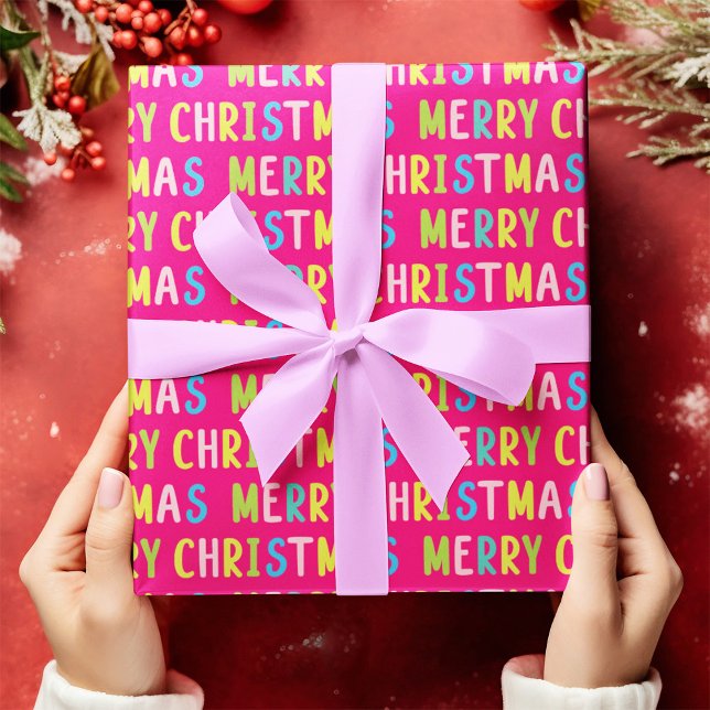 Cheerful Pink Merry Christmas Multicolor Text Art Wrapping Paper (Merry Christmas Hot Pink Background Wrapping Paper)