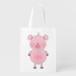 Cheerful Pink Pig Cartoon Grocery Bag at Zazzle