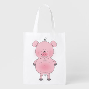 Cheerful Pink Pig Cartoon Grocery Bag