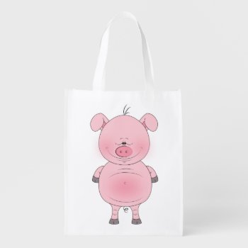 Cheerful Pink Pig Cartoon Grocery Bag by HeeHeeCreations at Zazzle