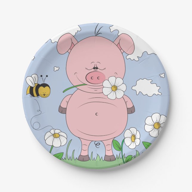 Cheerful Pink Pig Cartoon Paper Plates (Front)