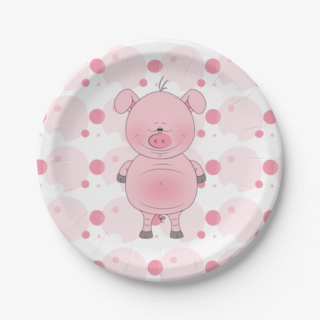 Cheerful Pink Pig Cartoon Paper Plates (Front)