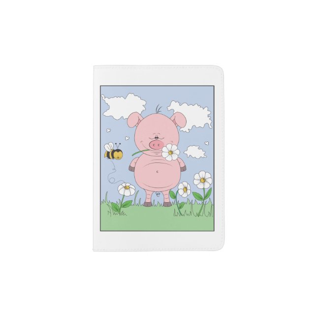 Cheerful Pink Pig Cartoon Passport Holder (Front)