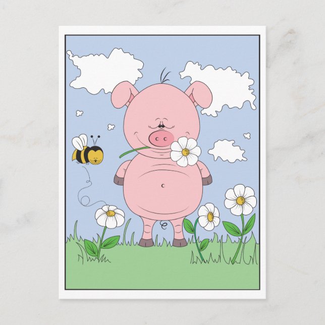 Cheerful Pink Pig Cartoon Postcard (Front)