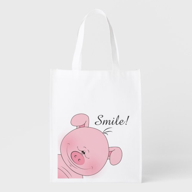 Cheerful Pink Pig Cartoon Reusable Grocery Bag (Front)