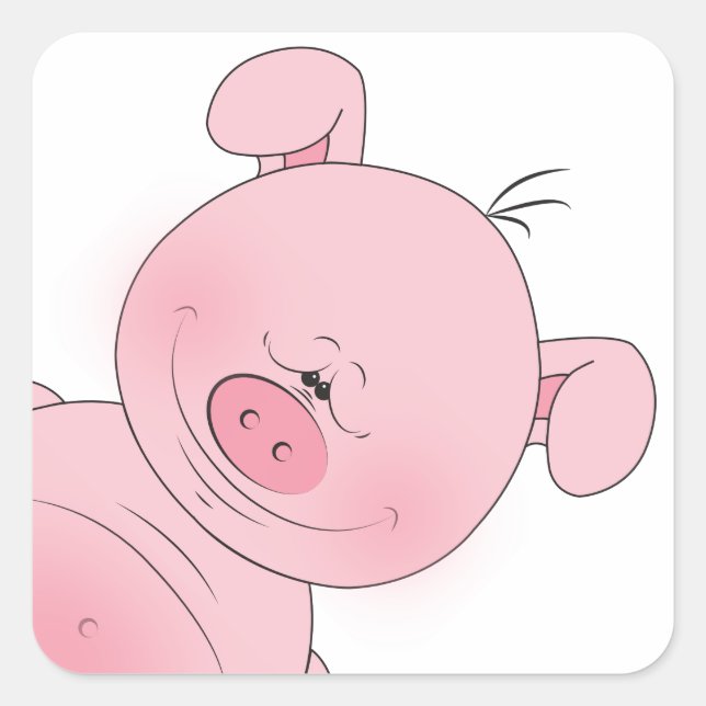 Cheerful Pink Pig Cartoon Square Sticker (Front)