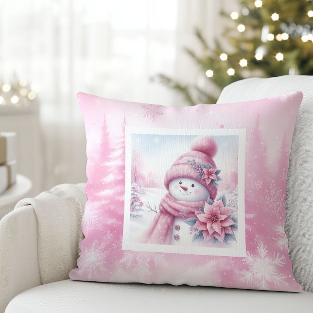 Cheerful Pink Snowman Pinkmas Forest Gift Pillow (Cheerful Pink Snowman Pinkmas Forest Gift Pillow)