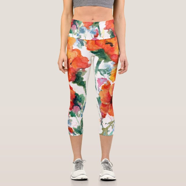 Cheerful Poppies Red Three Long Stemmed Art Capri Leggings (Front)