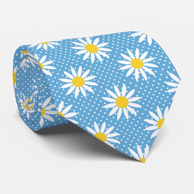 Cheerful Powder Blue Retro Daisy Flower Polka Dot  Neck Tie (Rolled)