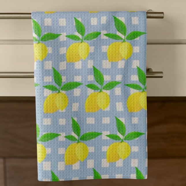 Cheerful Preppy Yellow Lemons Blue White Check Kitchen Towel (Sunny yellow lemons!)