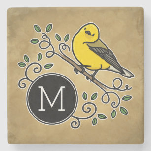 Cheerful Prothonotary Warbler Bird Monogram Stone Coaster