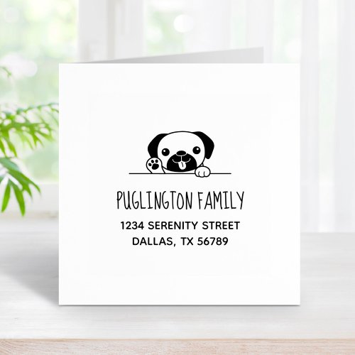 Cheerful Pug Dog Family Address Rubber Stamp
