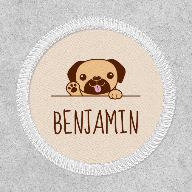 Cheerful Pug Dog Peeking above Custom Text 2 Patch (Front)