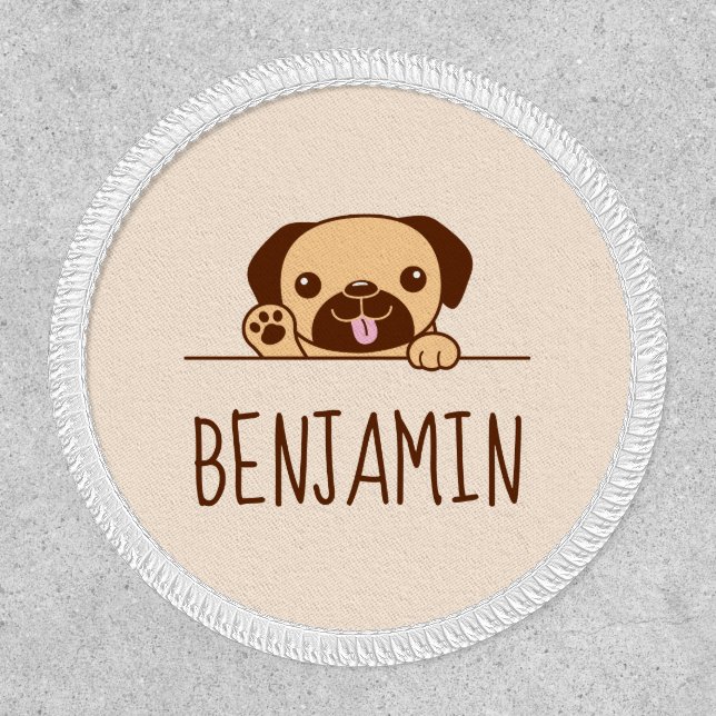 Cheerful Pug Dog Peeking above Custom Text 2 Patch (Front)