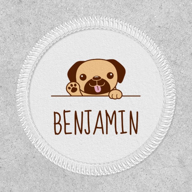 Cheerful Pug Dog Peeking above Custom Text Patch (Front)