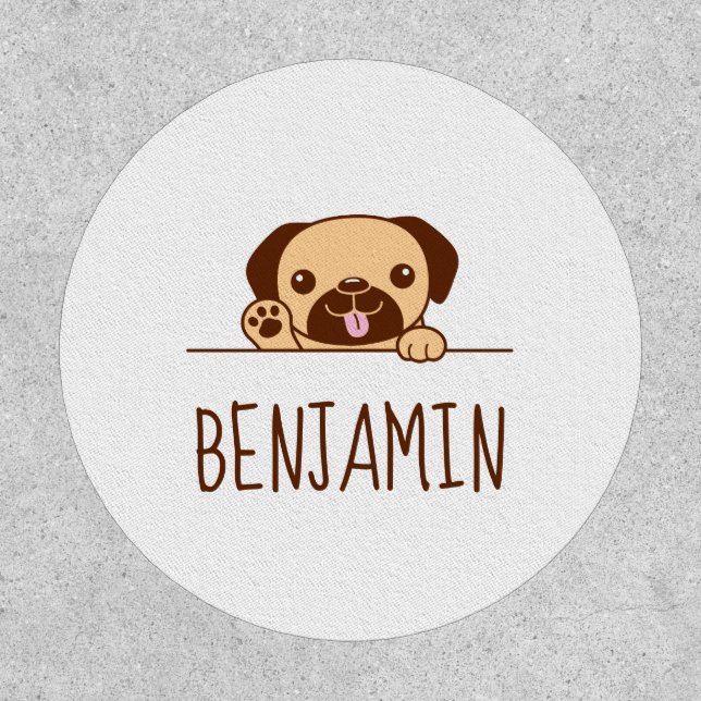 Cheerful Pug Dog Peeking above Custom Text Patch (Front)
