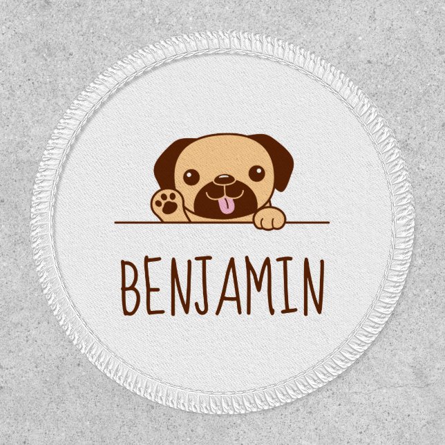 Cheerful Pug Dog Peeking above Custom Text Patch (Front)