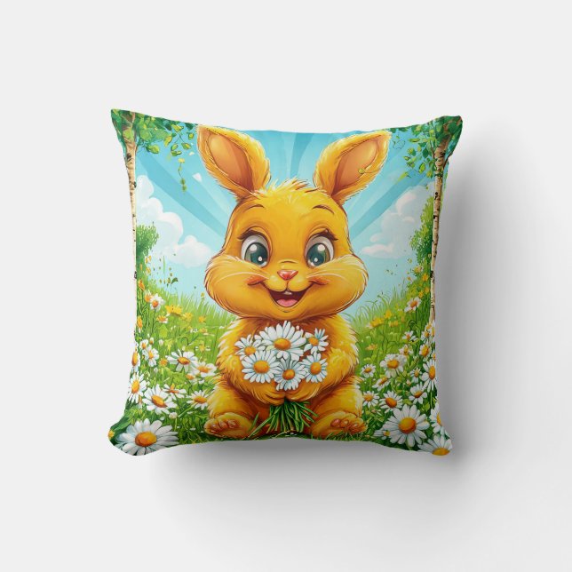 🐰🌼 Cheerful Rabbit Chamomile Meadow Cozy Decor Throw Pillow (Front)