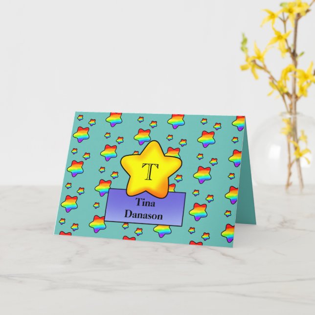 Cheerful Rainbow Star Birthday Card Monogram (Yellow Flower)