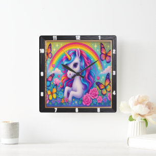 Cheerful Rainbow Unicorn Flower Square Wall Clock