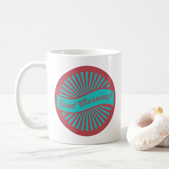Cheerful Red and Blue Sunburst Good Morning Coffee Mug (With Donut)