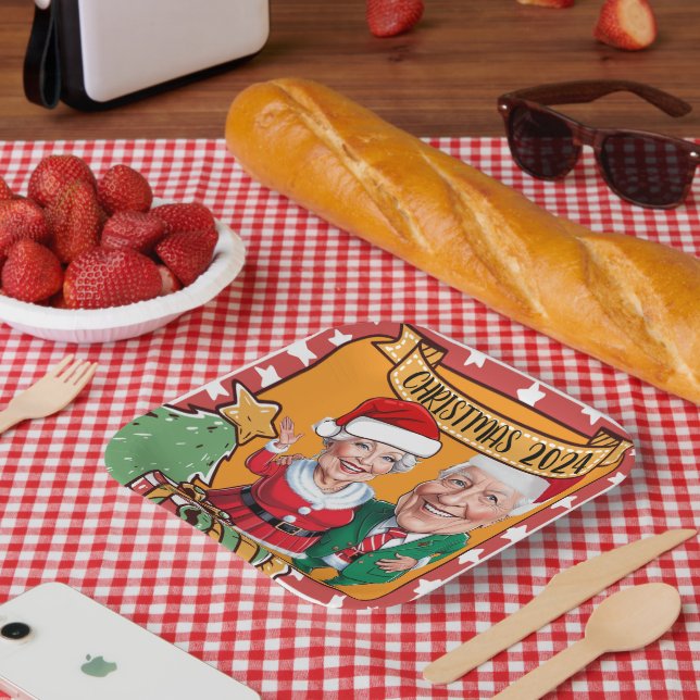 Cheerful Red and Gold Caricature Couple  Paper Plates (Picnic)