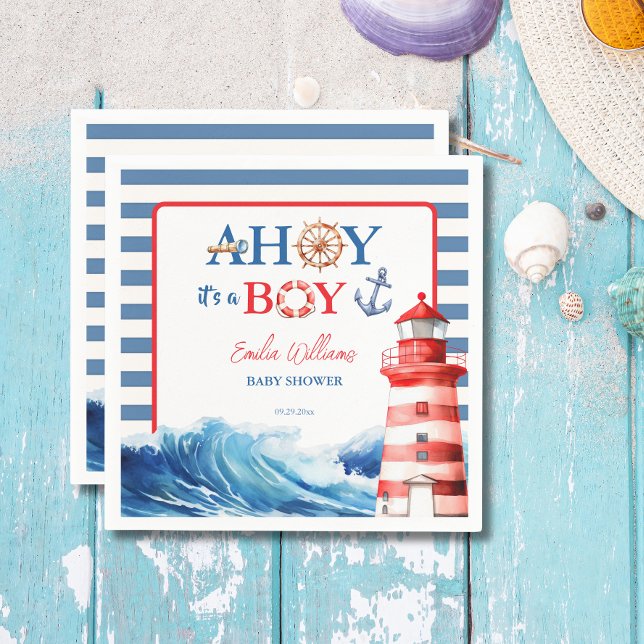 Cheerful Red Blue Maritime Waves Baby Shower Napkins (Creator Uploaded)