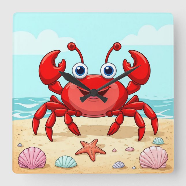 Cheerful Red Cartoon Crab Cute Seashell Kids🦀 Square Wall Clock (Front)