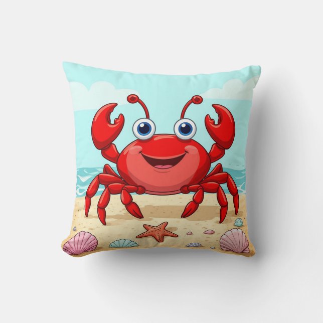 Cheerful Red Cartoon Crab Cute Seashell Kids🦀 Throw Pillow (Front)