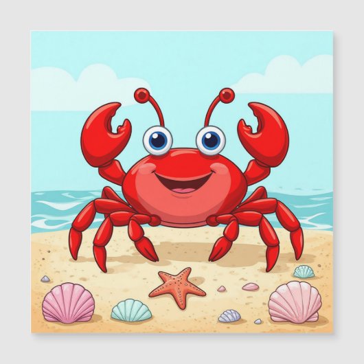 Cheerful Red Cartoon Crab on a Beach with Seashell (Front)